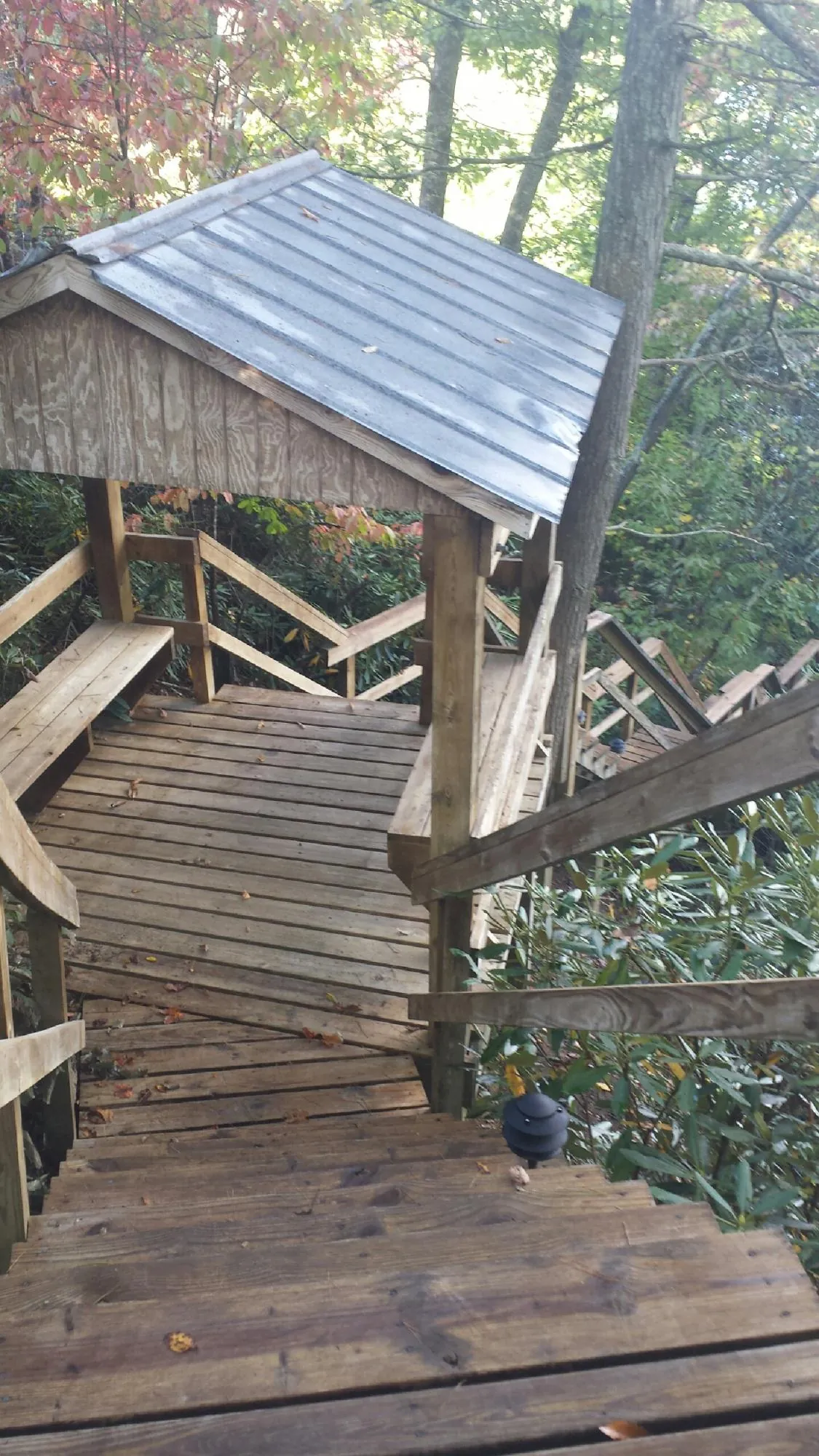 Metal roofed shelter over wooden steps on a wooded walkway — Skylight Repair & Installation work by our crew in Worth
